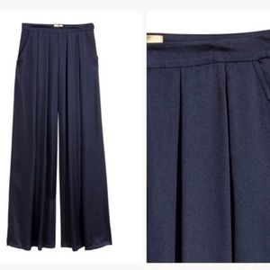 H&M Navy Blue Wide Leg, High Waist Satin Trousers Pants, NWT
